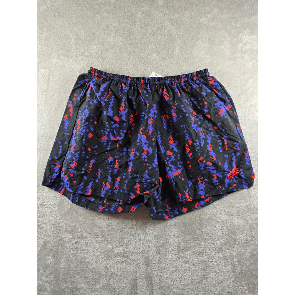 Vintage Nike Running Shorts Womens‎ L Black Blue Red Pixel Nylon Lined 90s *Read